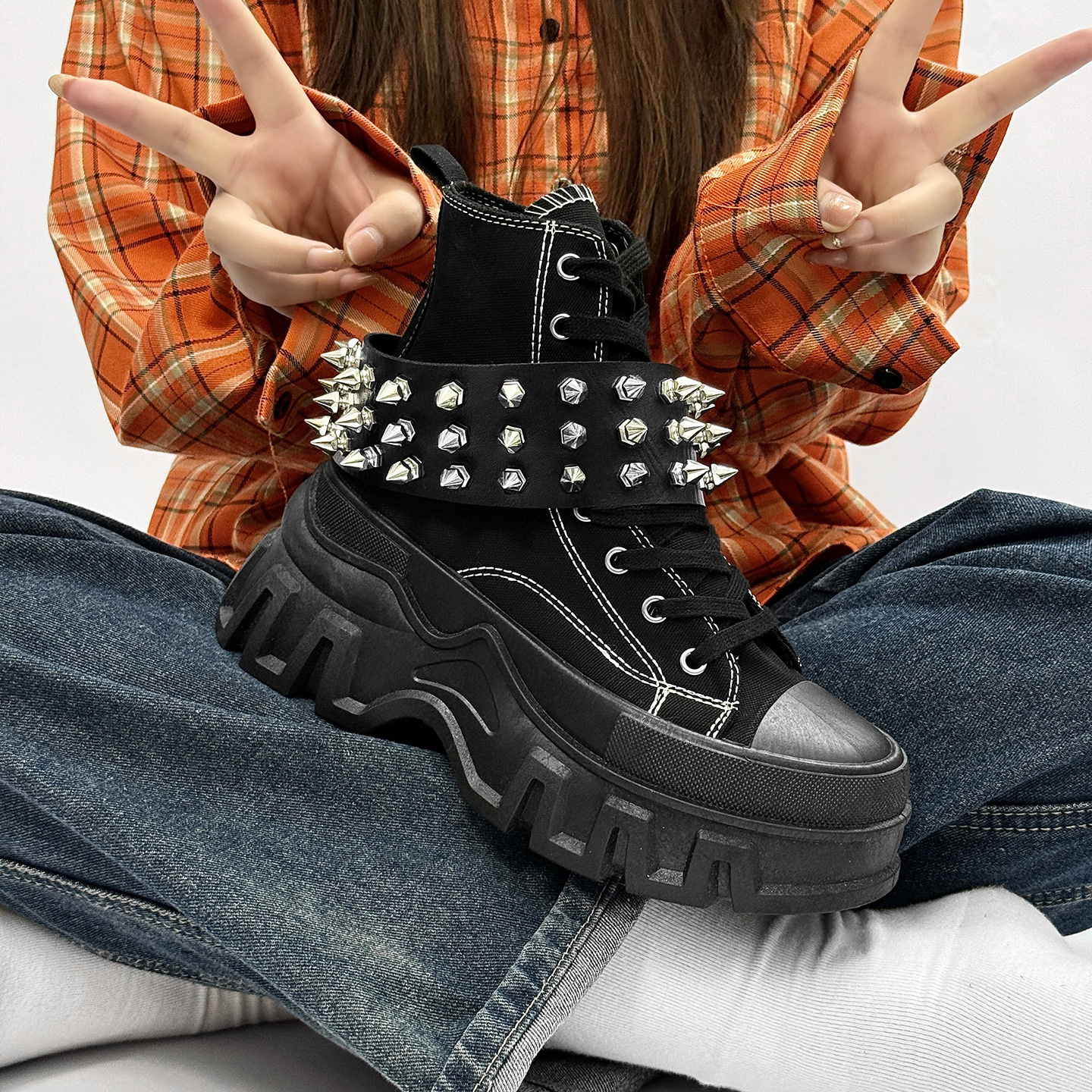 2025 New Punk Boots Martin Boots Men's Boots with Unique Double-Row Spikes Accessories Motorcycle Boots Couple Style Thick-Soled Height-Increasing
