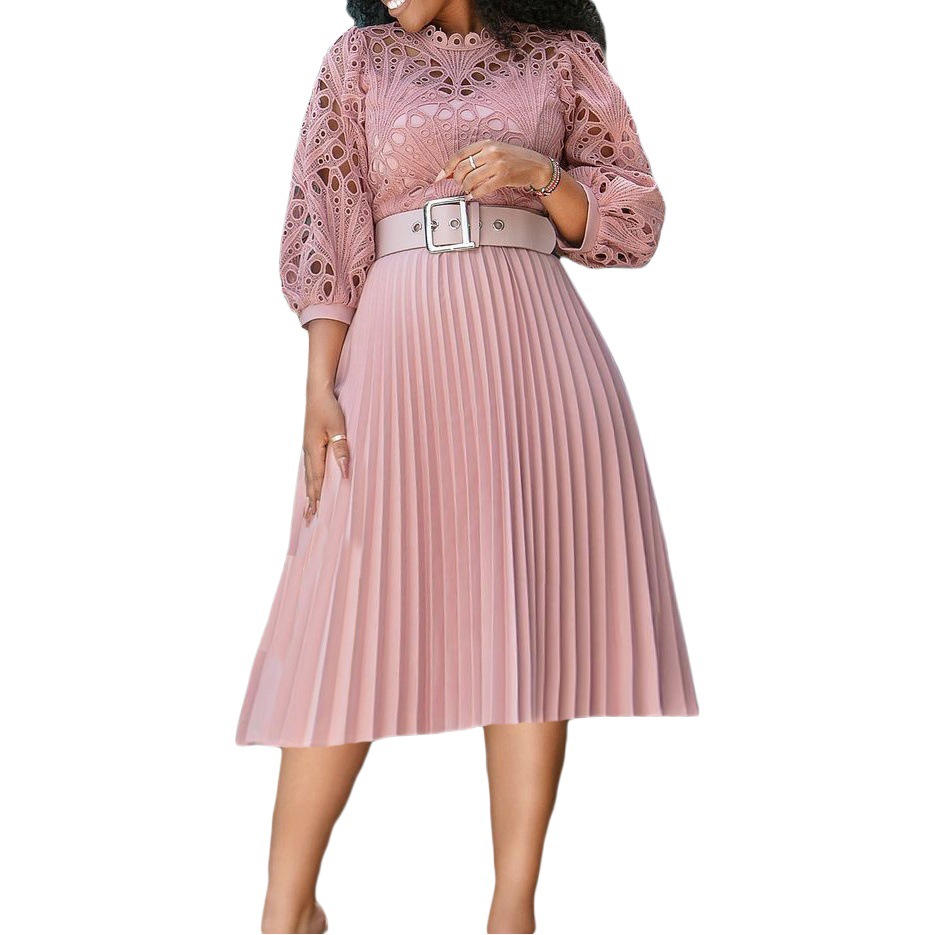 Amazon Foreign Trade Women's 2024 New Fashion Large Size Lace Crochet Sexy Hollow Pleated European and American Dress