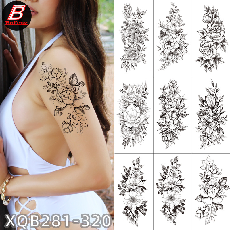 Small Full Arm Half Arm Tattoo Sticker Black and White Flower Painted Skull Flower Sketch Waterproof Lasting Tattoo Sticker Set