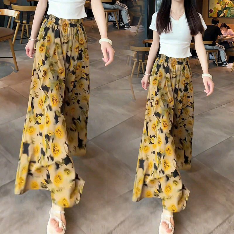 2025 Summer Floral Ice Silk Satin Wide Leg Pants Women's Thin High Waist Loose Casual Drapey Chiffon Skirts