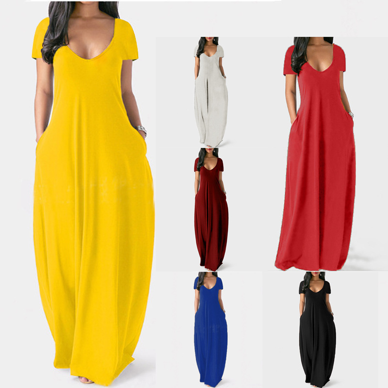 Picture of 2021 Europe and the United States summer cross-border foreign trade new plus size women's solid color dress sexy deep V short sleeve dress