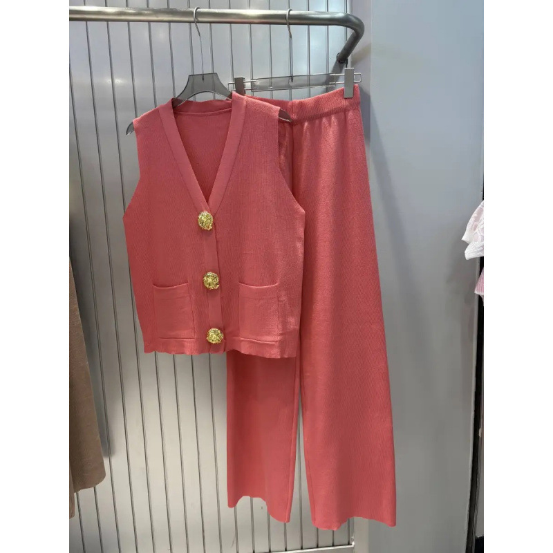 Picture of European Goods Light Luxury Contrast Color Large Gold Button Knitted Cardigan Women's Summer Loose Wide Leg Pants Stylish Fashionable Two-piece Suit Fashion