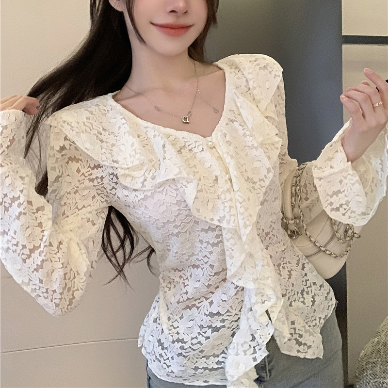 Picture of French V-neck ruffled hollow lace shirt women's 2024 autumn new design sweet long sleeve hot girl top