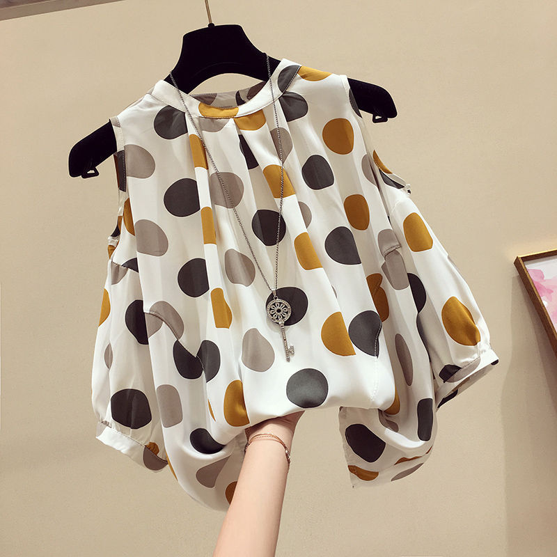 Picture of plus size Women's Clothing Summer Chubby Girl Loose Slimming Belly-Covering Foreign Style Top Polar Point Shoulder Short-Sleeved Chiffon Shirt