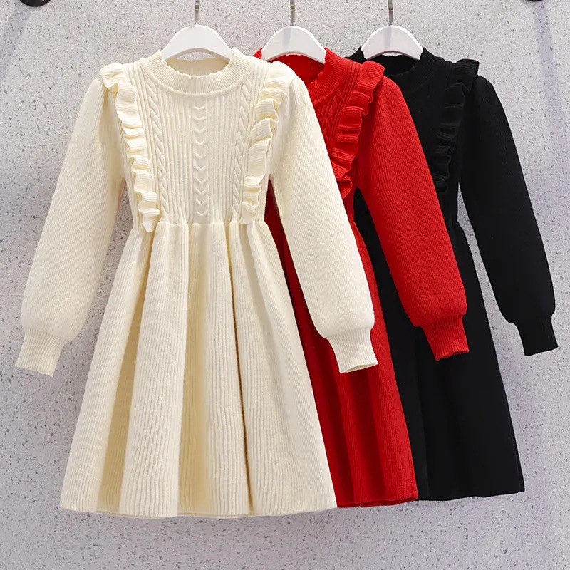 Girls Fashionable Western Style Casual Style Knitted Sweater Dress for Primary and Secondary School Students Autumn and Winter New Solid Color Pullover dress