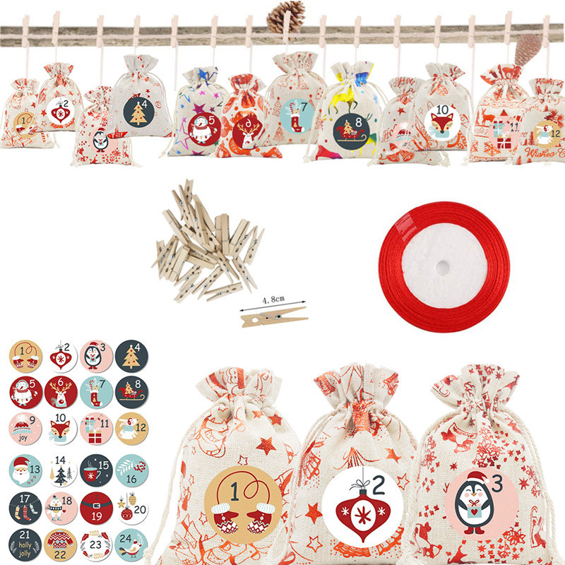 Advent Calendar Christmas Cotton Gift Bag Cotton Linen Gift Bag Set 24 Countdown Christmas Gift Bundle Pocket