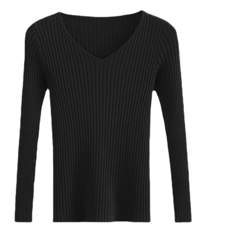Autumn and Winter V-Neck Solid Color Knitted Sweater Women's Tight Stretch Pullover Sweater Slim-Fit Slimming Base Shirt Inner Top