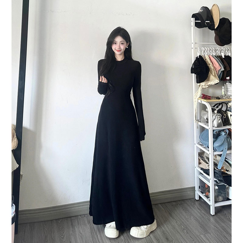 Hepburn Style Black Long-sleeved dress Women's Early Autumn New French Elegant Elegant Waisted Slim-fit Dress