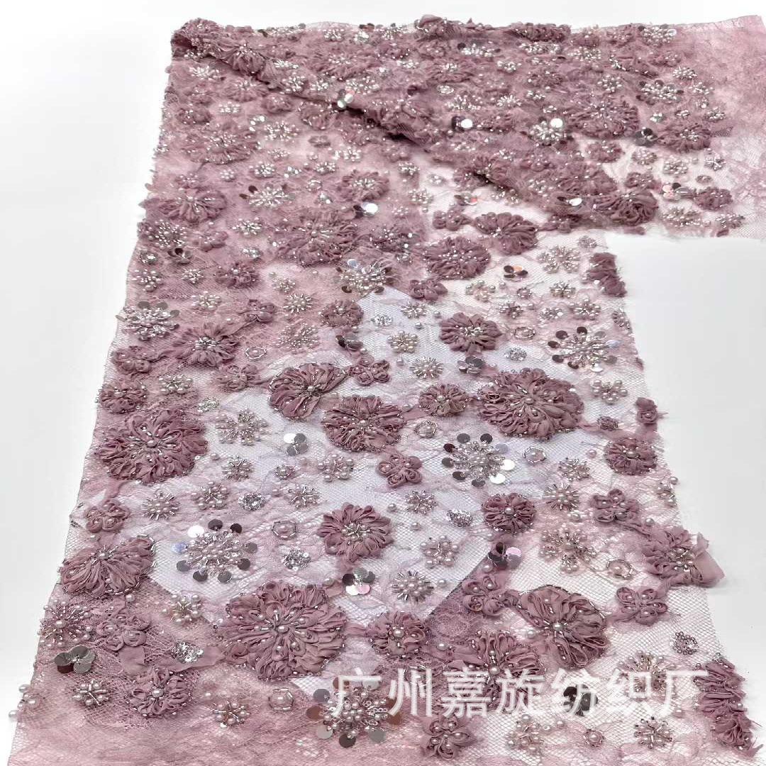 New in-stock 3D three-dimensional floral double bead craft embroidery fabric, evening gown, performance fashion wedding dress fabric