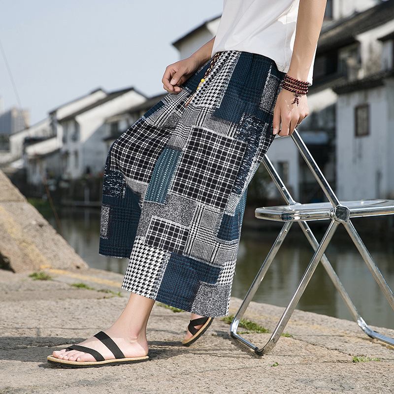 2024 in stock Chinese Style National Style Summer Cotton and Linen in stock Eight-point Pants Straight Tube Loose Drawstring ZK088-045