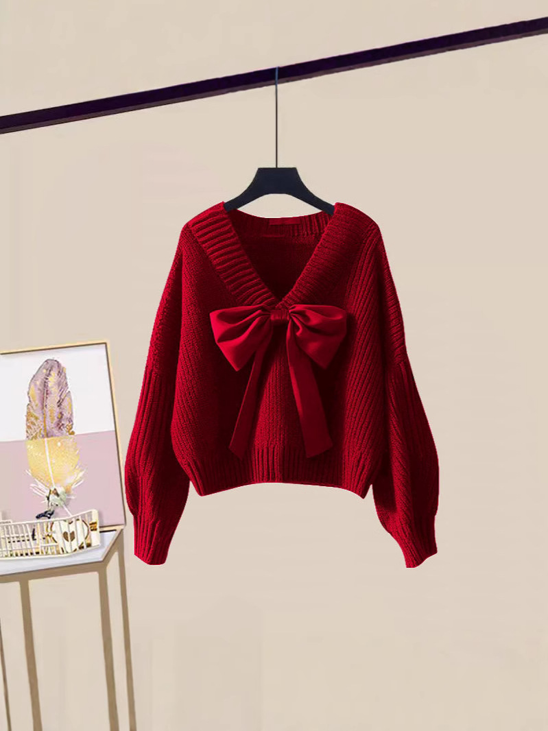 2024 Autumn and Winter Explosions Lazy Fashion Festive Knitted Top Design Sense Bow Cover Flesh Slim Commuter Sweater