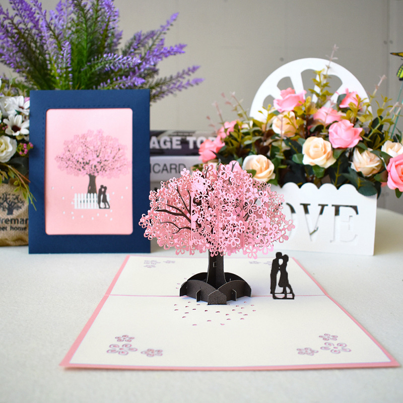Picture of Innovative Chinese Valentine's Day Greeting Card Love Blessing Handmade 3D Stereo Card Couple Cherry Blossom