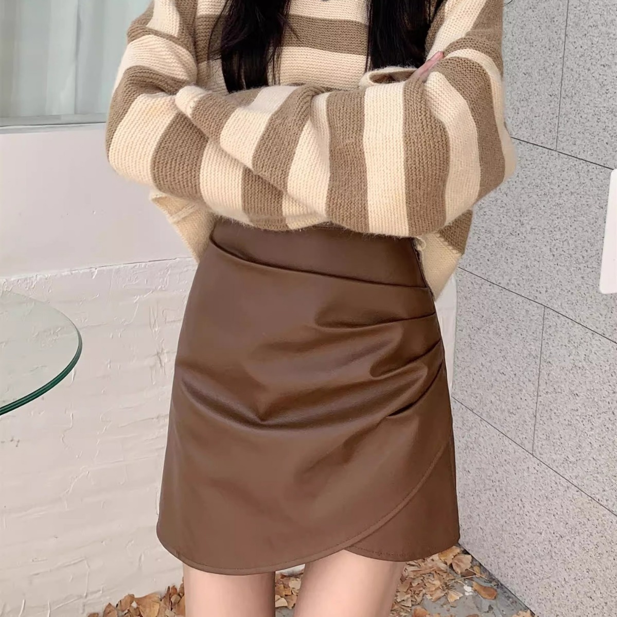 Covering Pleated High Waist Skirt Women's Skirt brown Autumn and Winter New Hip Skirt PU Leather Hip Slim Retro Hot Girl