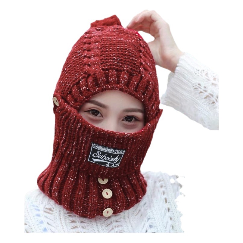 Hat female cycling ear protection fleece-lined wool hat knitted hat scarf integrated female winter thickened with mask detachable