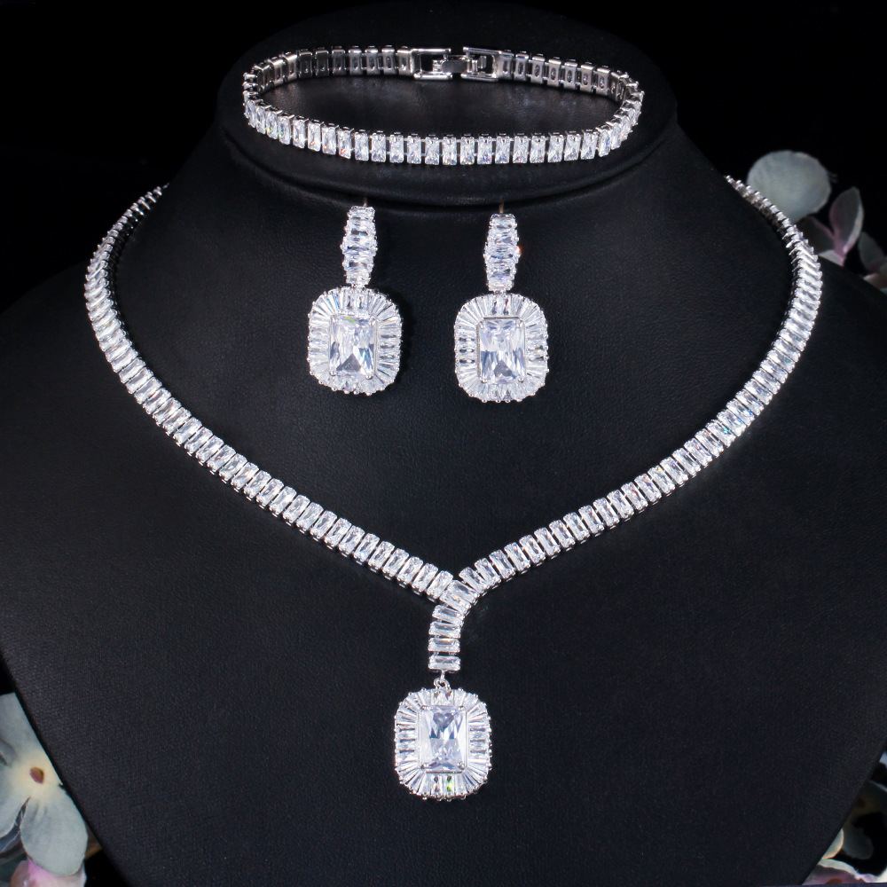 South Korea Korean T Square Zircon Necklace Earrings Bracelet suit Bridal Jewelry Dress Accessories Three-Piece Set Manufacturers