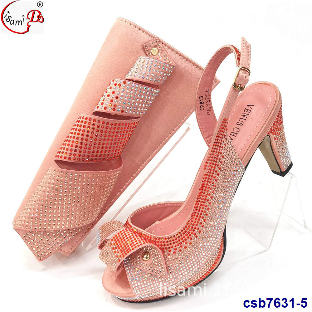 High-heeled small flash diamond elastic sandals with French curly hand bag suit shoes and bag set