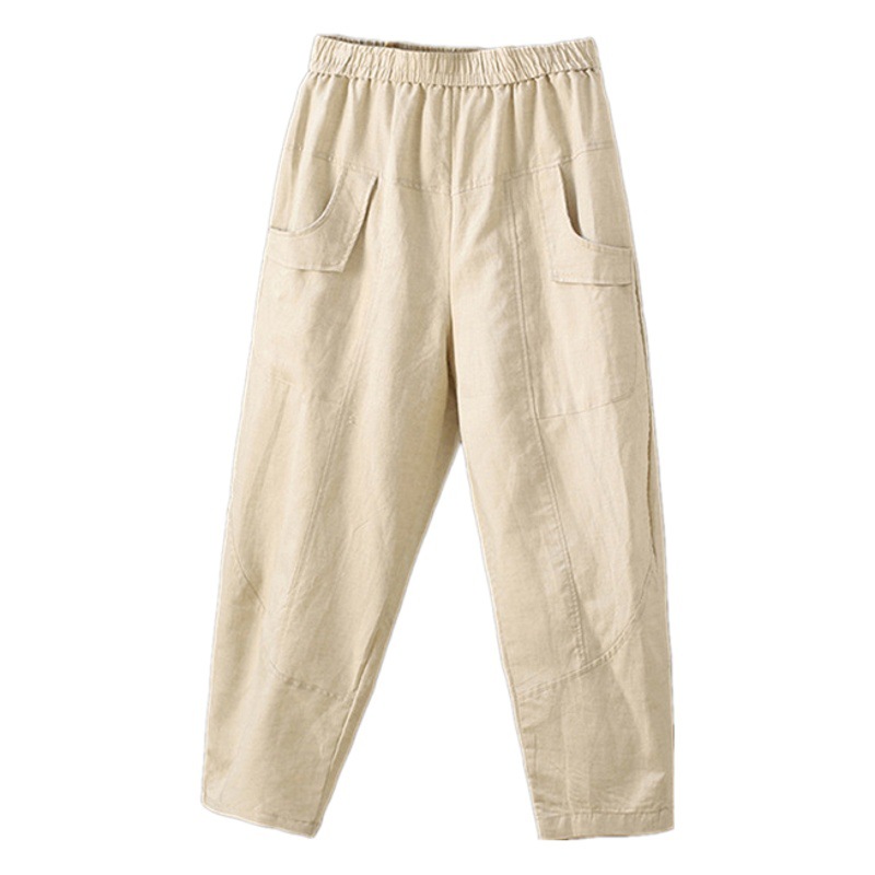 Cotton and linen pants women's 2022 summer new elastic waist loose harem pants women's explosions on the grade linen pants