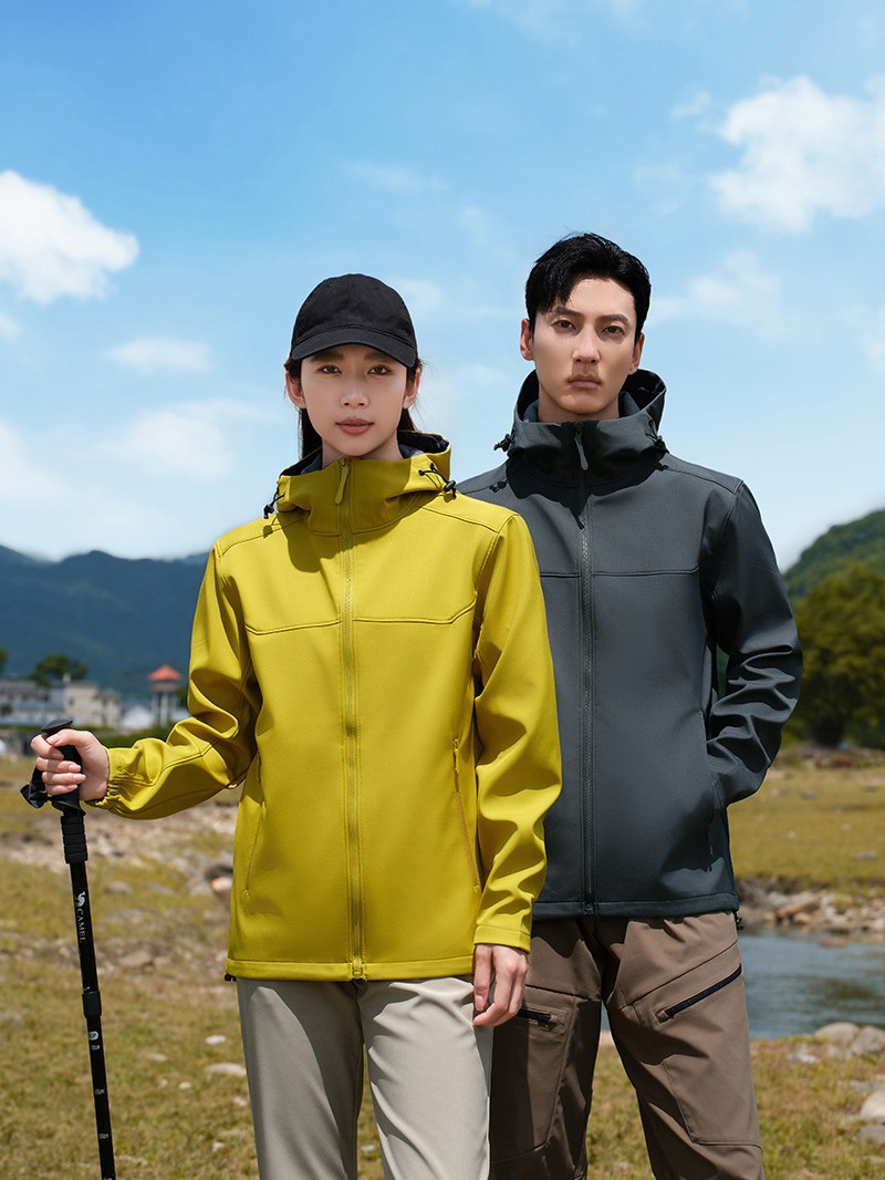 Outdoor stand collar hooded soft shell assault clothing fixed work clothes coat printed logo word windproof jacket embroidered pattern
