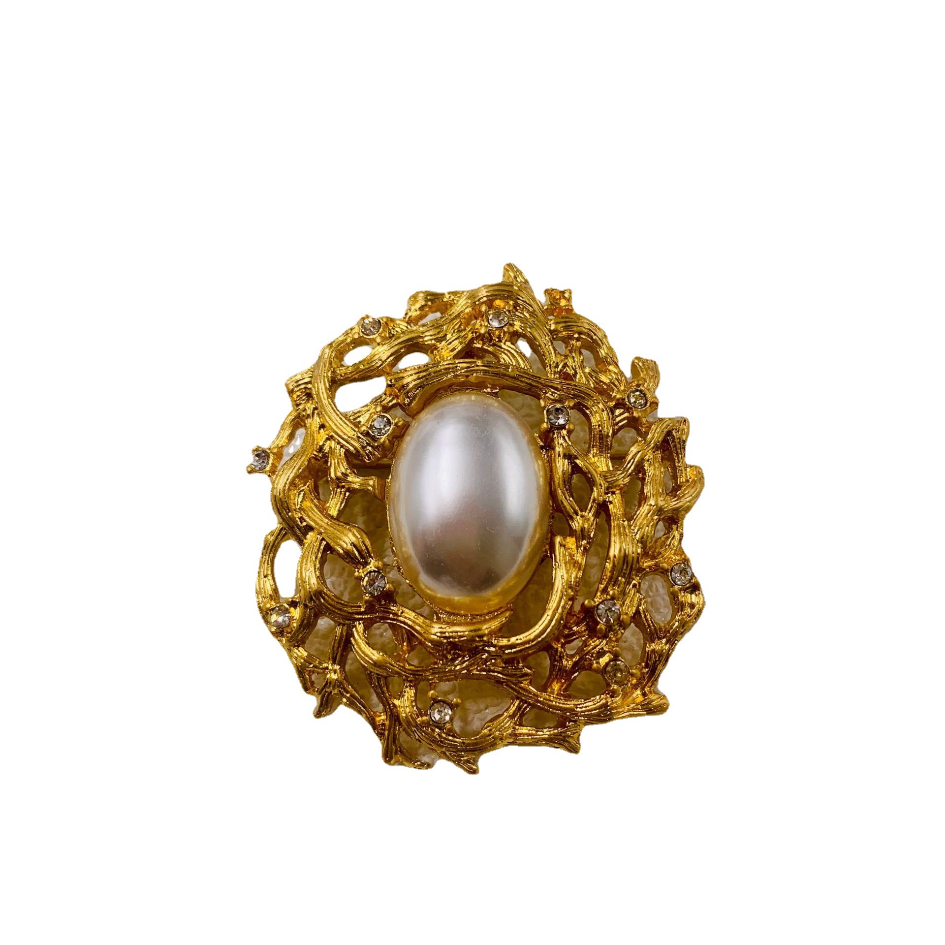 Picture of Mid-ancient vintage western electroplating real gold plain gold lava branches texture full diamond anti-pearl brooch chest ornaments