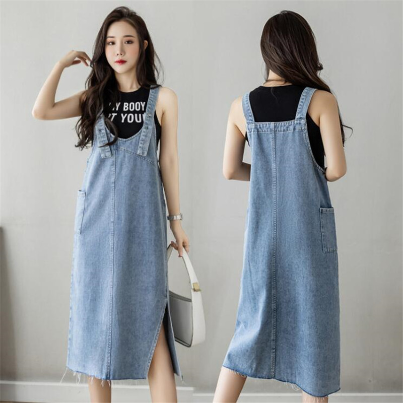 Stylish Age-reducing Design Sense Denim Suspender Dress Women's Retro Summer New Loose Slimming Chic Split Dress