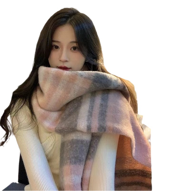 Winter Mohair Thickeneded Scarf for Women Rainbow Plaid Tassel Shawl for Students Versatile Warm Scarf Trendy and Warm
