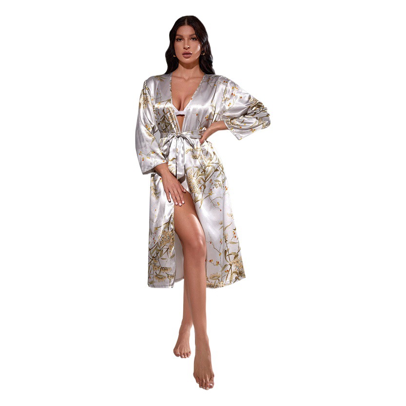 Summer Sexy Women's Silk Nightgown Mid-Sleeve Long Lace-Up Bathrobe Morning Gown Fashionable Thin Home Clothes