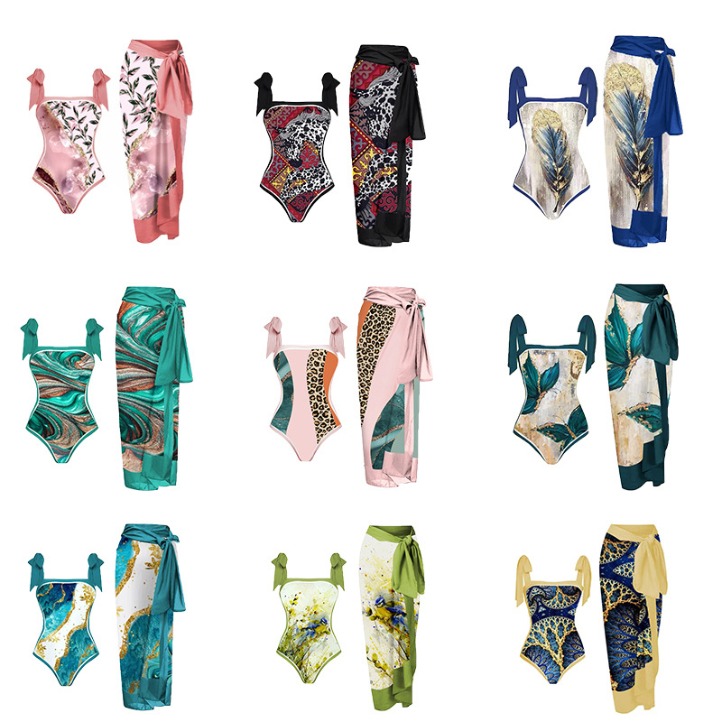 2023 Amazon printed one-piece swimsuit two-piece European and American conservative beach skirt shawl blouse bikini swimsuit