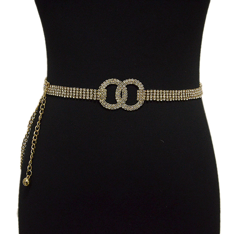 Cross-border European and American rhinestone full diamond belt ladies belt four-row Diamond Belt double round inlaid crystal diamond waist chain spot