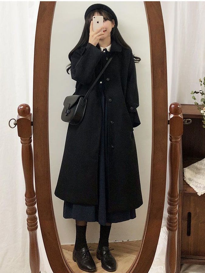 Student Mao Ni Outwear Women's Mid-Length 2025 Winter New Korean Style Loose Slimming Look Thickeneded Over-The-Knee Woolen Outwear