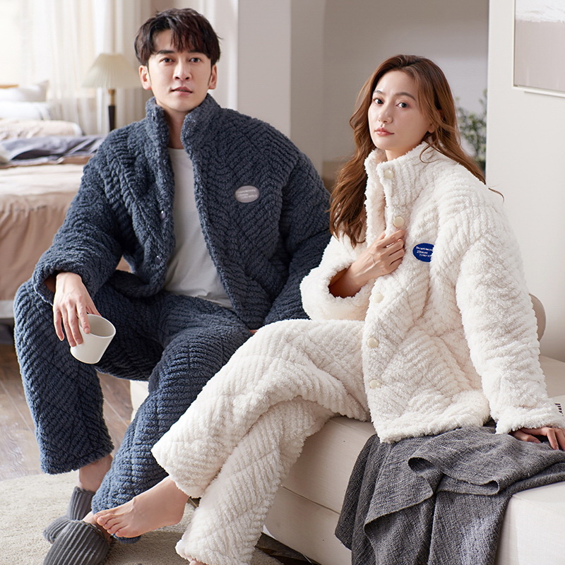 Lapel Couple Pajamas Winter Thickened fleece-lined Three-Layer Quilted Men's Coral Fleece Warm Home Clothes suit Women