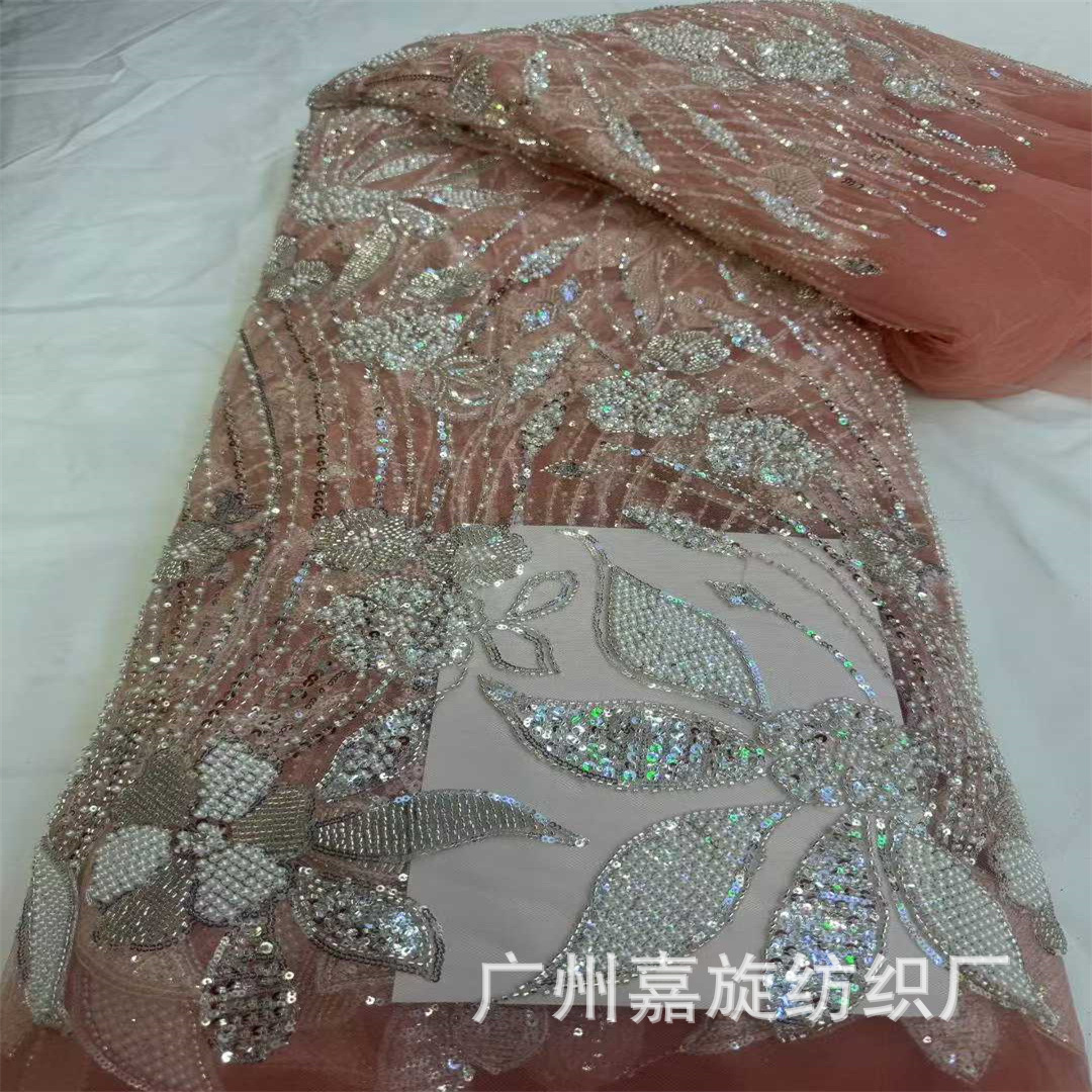 New beaded lace new Ghanaian Middle Eastern style wedding dress silver bead tube sequin embroidered lace fabric