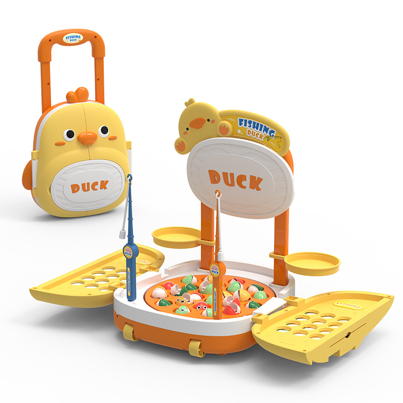 Picture of Children's early education multifunctional trolley case cute duck fishing table electric educational music rotating magnetic fishing rod toy batch