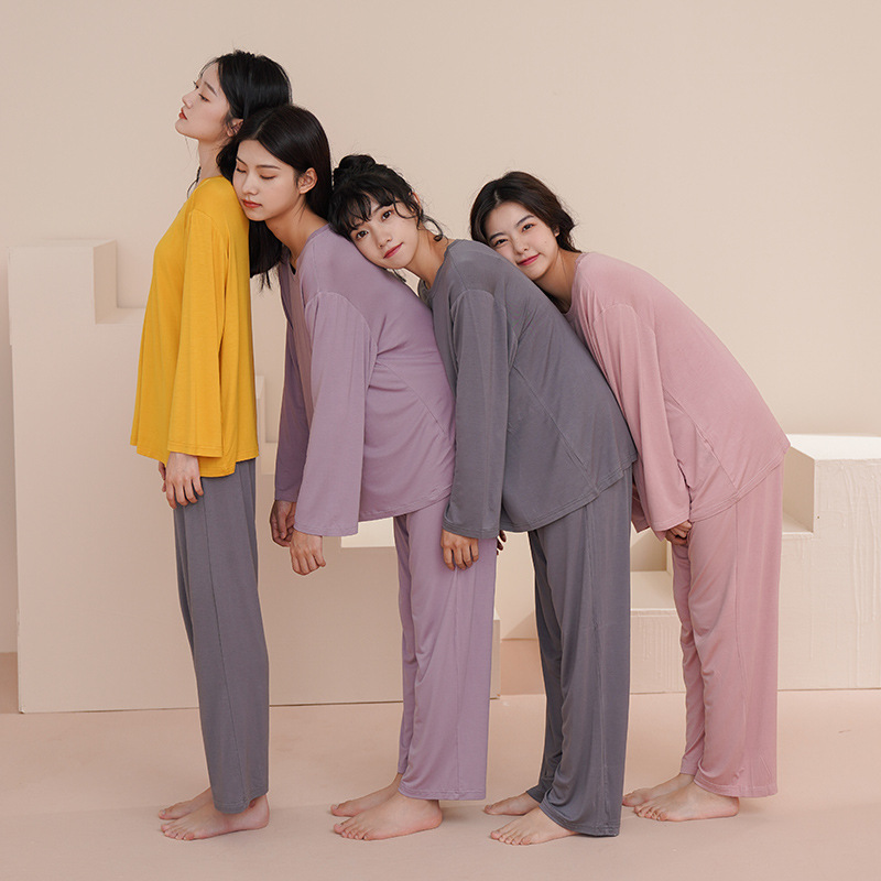 Modal Pajamas for Women Spring and Autum Long-Sleeved Pants Suit Large Size Confinement Autum and Winter Ladies with Chest Pad Home Clothes