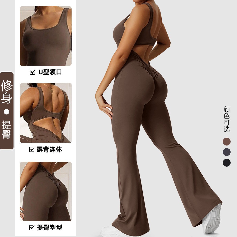 Amazon 2024 Spring and Summer New European and American Women's Slim Fit Hip Jumpsuit Sexy Backless Sports Yoga Suit