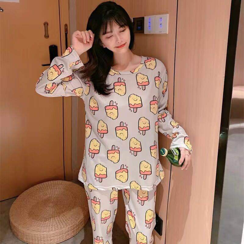 Cute Casual Style Pajamas for Women, Autumn and Winter Thin Round Neck Long-Sleeved Top + Pants, Petite Home Wear Set