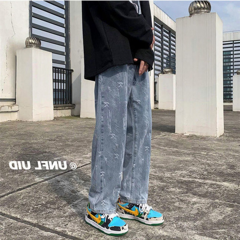 Picture of High Street Style Jeans Men's Summer Fashionable Loose Straight Wide Leg Dipped Pants Couple's Simple Pants