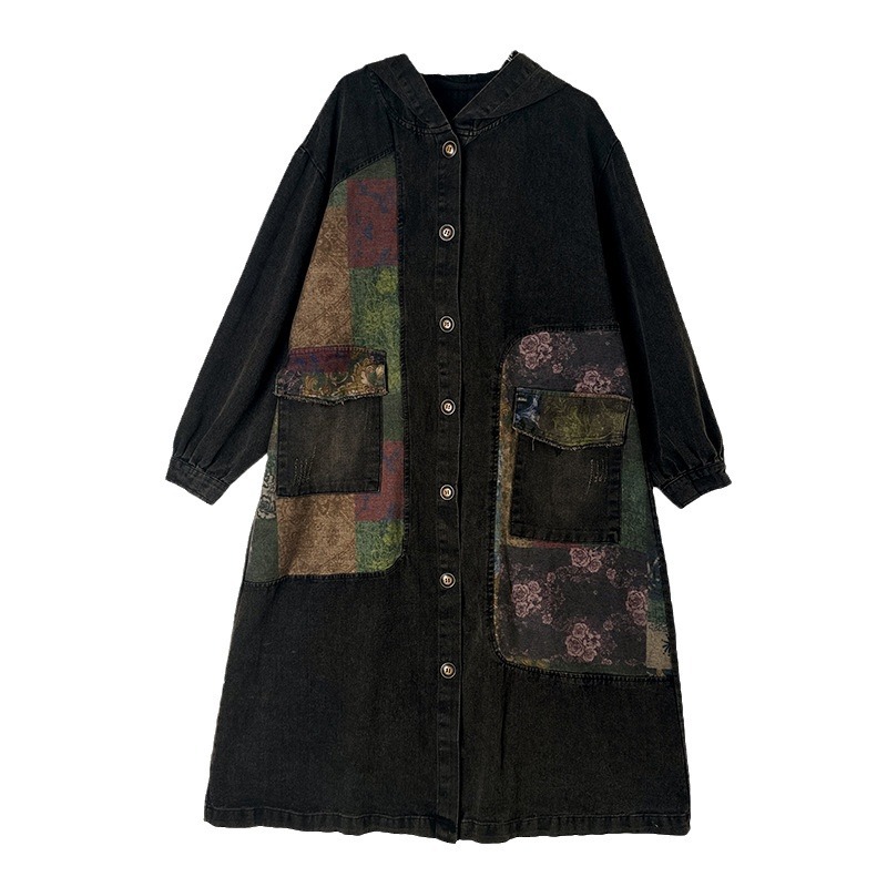 Picture of Real shot in stock autumn coat vintage stitching hat Denim coat loose large version long windbreaker coat