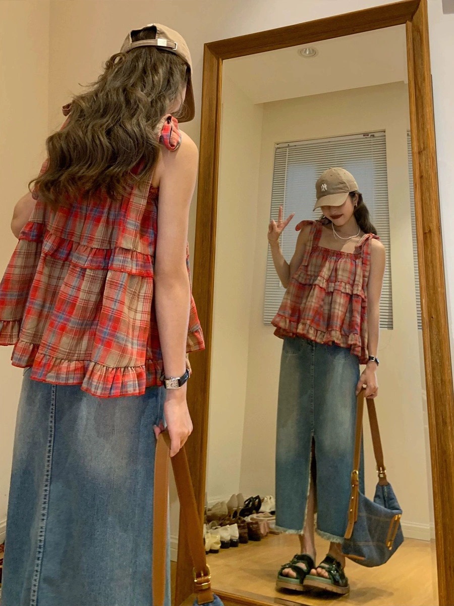 Contrast Color Retro Plaid Camisole Women's Summer 2024 New Baby Doll Shirt Design Chic Short Top Trendy
