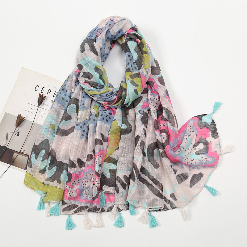 Picture of New Artistic Fresh Cotton and Linen Retro Tassel Scarf Women's Printed Beautiful Silk Scarf Japanese Sunscreen Shawl