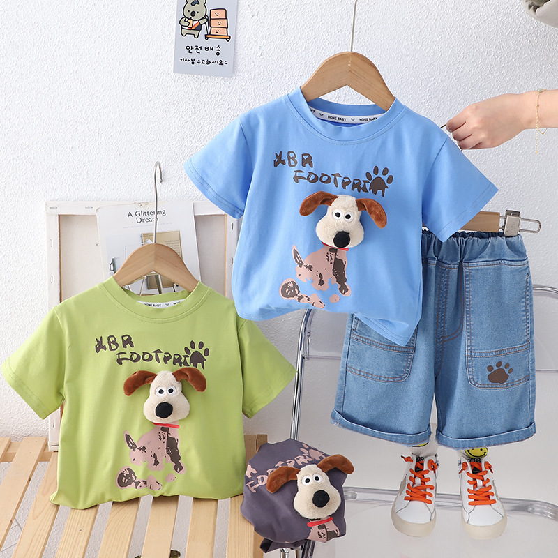 2024 new summer children's cartoon round neck short sleeve boy's casual Denim shorts two-piece set source manufacturer
