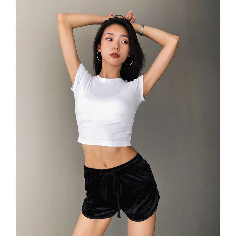 Picture of Summer ins trendy super hot shoulder short-sleeved T-shirt women's slim fit slimming inner base high waist sexy short navel top