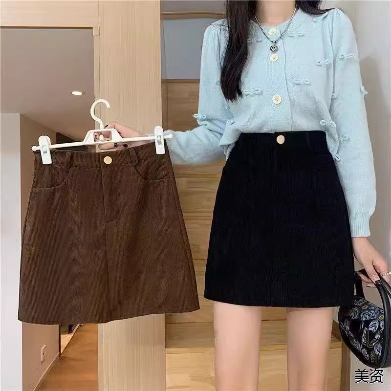 Black Corduroy Skirt plus size chubby girl Autumn and Winter Hip Women's A- line Skirt Slimming All-match One-step Skirt