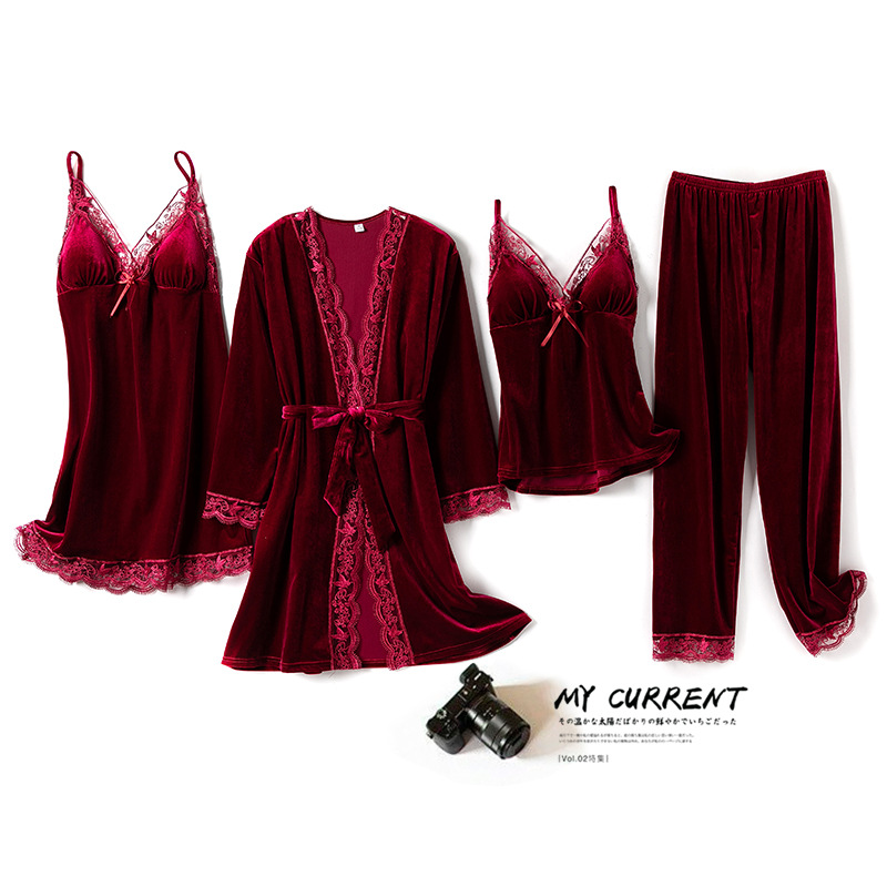 Picture of Gold Velvet pajamas women's autumn and winter four-piece sexy strap nightdress nightgown with chest pad home wear suit can be worn outside