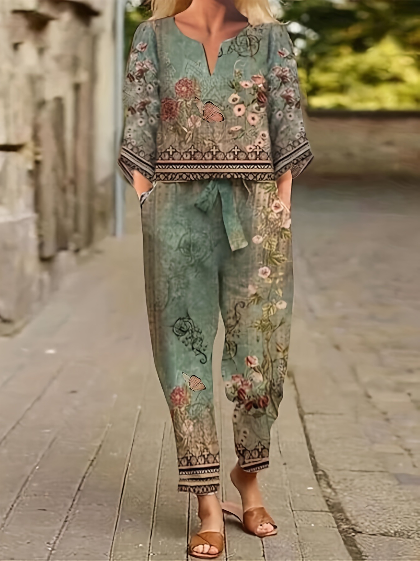 Cross-border Europe and the United States 2024 new suit Amazon temuV collar long sleeve digital printing casual pants suit