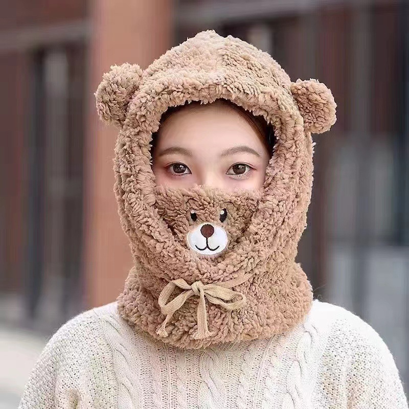 Picture of Autumn and Winter Hat New Cute Warm Mask Bear Hat Integrated Neck Scarf Gloves Popular Versatile Plush Four-In-One
