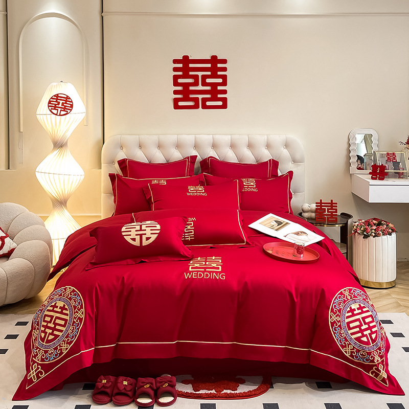 Picture of High-end European-style Wedding Four-piece Cotton Big Red Embroidered Sanding Quilt Cover Wedding Bedding Accompanying Wedding Room