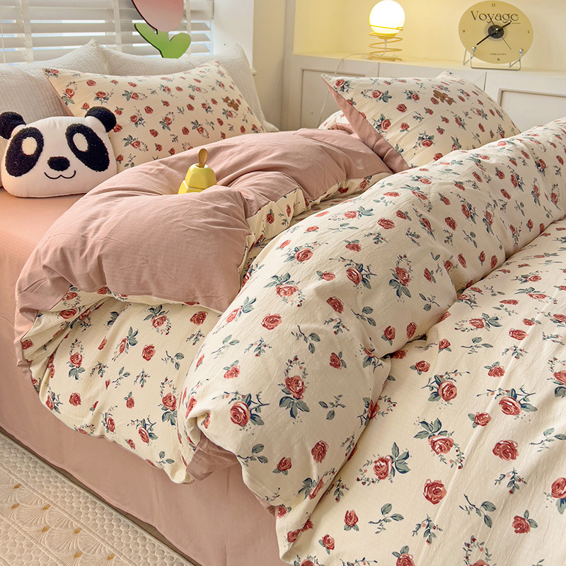 Picture of Class A Maternal and Infant Grade Fresh Small Zhu Cotton Four-piece Set Washed Cotton Bed Sheet Quilt Cover Three-piece Set for Student Dormitory