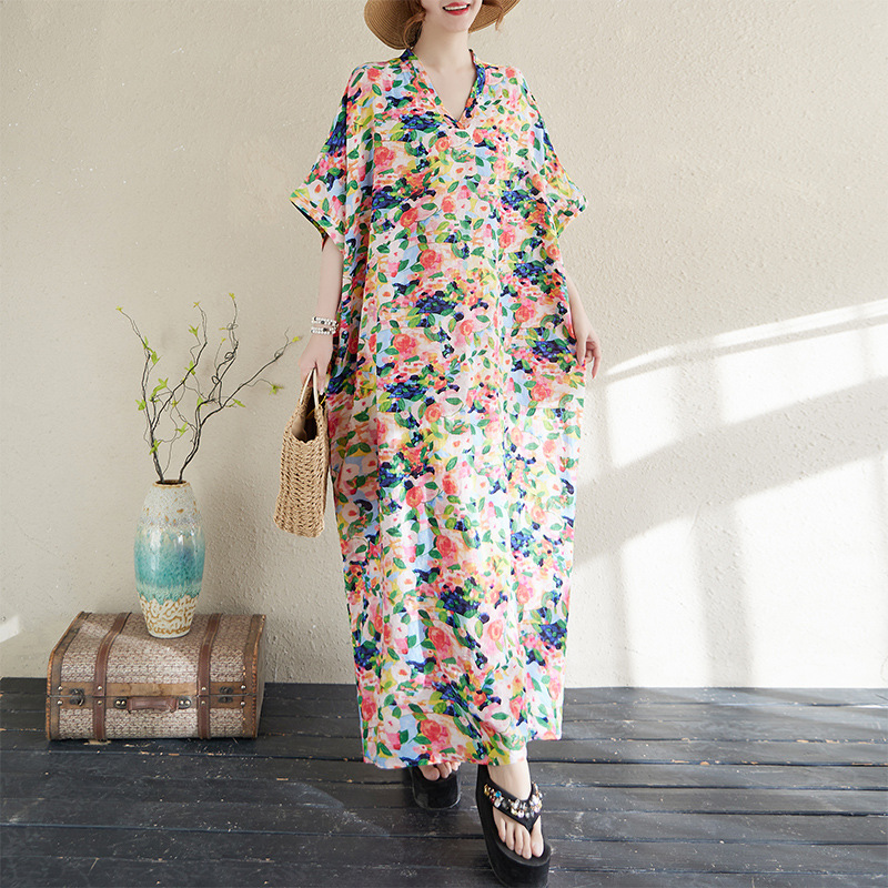 Real Shot 25 Summer New Loose plus size Women's Clothing Color V-neck Artistic Retro Long Cotton and Linen Short-sleeved dress