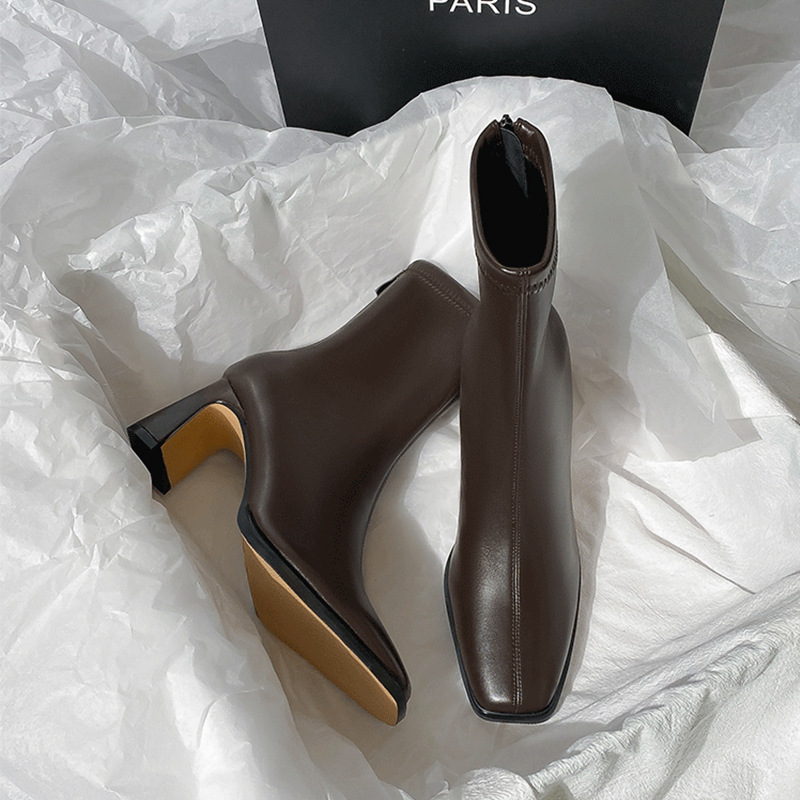 Brown Short Boots Women's High Heel Autumn and Winter New fleece-lined Thick Heel French Small Ankle Boots Rear Zipper Elastic Square Toe Thin Boots