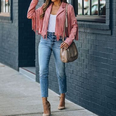Spring New Trendy Slim-Fit Suede Women's Jacket with a Turn-Down Collar, Long Sleeves, European and American Style, Tassel Splicing Wholesale